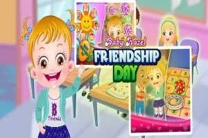 Dieťa s blond vlasmi sa usmieva v triede, s farebnými dekoráciami na stenách a nápisom Friendship Day