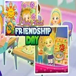 Dieťa s blond vlasmi sa usmieva v triede, s farebnými dekoráciami na stenách a nápisom Friendship Day