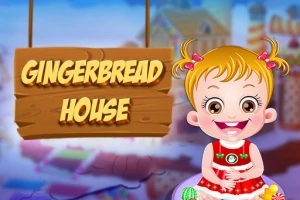 Usmievajúce sa dievčatko s blond vlasmi v červenom oblečení sedí pred rozmazaným pozadím s nápisom Gingerbread House na drevenej tabuli