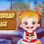 Usmievajúce sa dievčatko s blond vlasmi v červenom oblečení sedí pred rozmazaným pozadím s nápisom Gingerbread House na drevenej tabuli