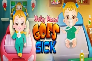 Dieťa v pyžame na posteli s teplomerom a dieťa s kyslíkovou maskou na prebaľovacom stole s textom Baby Hazel Goes Sick v strede