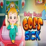 Dieťa v pyžame na posteli s teplomerom a dieťa s kyslíkovou maskou na prebaľovacom stole s textom Baby Hazel Goes Sick v strede