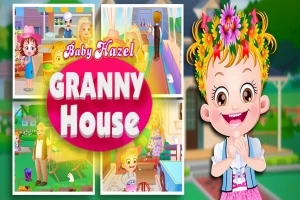 Dievčatko s kvetinovým vencom na hlave stojí vedľa koláže obrázkov z rôznych miestností s nápisom Granny House