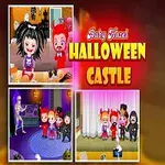 Dieťa v kostýme diablika s rožkami na hlave, obklopené rôznymi halloweenskými aktivitami a postavičkami