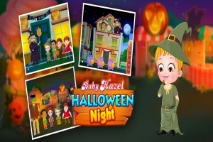 Dieťa oblečené ako čarodejnica vedľa nápisu „Baby Hazel Halloween Night“ s tromi snímkami obrazoviek zobrazujúcimi deti v halloweenskych kostýmoch na podujatí
