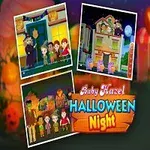Dieťa oblečené ako čarodejnica vedľa nápisu „Baby Hazel Halloween Night“ s tromi snímkami obrazoviek zobrazujúcimi deti v halloweenskych kostýmoch na podujatí