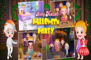 Postavičky detí v kostýmoch oslavujú Halloween, obklopené sviečkami a dekoráciami na rôznych miestach