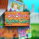 Dieťa s blond vlasmi a ružovými šatami stojí vedľa nápisu „Baby Hazel Hygiene Care“ na farebnom pozadí