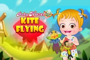 Dievčatko s blond vlasmi drží farebného šarkana na pozadí modrej oblohy a zeleného parku s textom Kite Flying