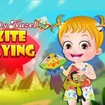 Dievčatko s blond vlasmi drží farebného šarkana na pozadí modrej oblohy a zeleného parku s textom Kite Flying