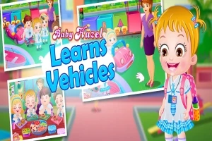 Bábätko s blond vlasmi a modrými doplnkami stojí pred farebným pozadím so scénickými ilustráciami a nápisom Learns Vehicles