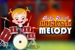 Dievčatko s bielymi a ružovými copmi usmievajúce sa pri hračke bubnov so svetlým nápisom Musical Melody na oranžovo-červenom pozadí