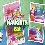 Dievčatko s mačkou na farebnom pozadí s názvom Naughty Cat a obrázkami z miestnosti