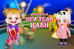 Dievčatko v ružovom s darčekom vedľa iného dieťaťa v čiapke so vzorom pandy na farebnom pozadí s textom Baby Hazel New Year Bash