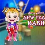 Dievčatko v ružovom s darčekom vedľa iného dieťaťa v čiapke so vzorom pandy na farebnom pozadí s textom Baby Hazel New Year Bash