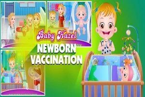 Bábätko Hazel v kúpeľni vedľa koláže štyroch obrázkov s textom Newborn Vaccination na zelenom pozadí