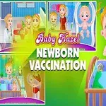 Bábätko Hazel v kúpeľni vedľa koláže štyroch obrázkov s textom Newborn Vaccination na zelenom pozadí
