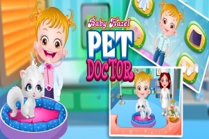 Dievčatko v ružovom plášti so psíkom, farebné tlačidlá a nápis Pet Doctor