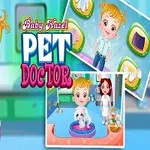 Dievčatko v ružovom plášti so psíkom, farebné tlačidlá a nápis Pet Doctor