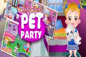 Dievčatko v modrých šatách drží bielu mačku, s kolážou obrázkov izieb a textom Pet Party na ružovom pozadí