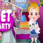Dievčatko v modrých šatách drží bielu mačku, s kolážou obrázkov izieb a textom Pet Party na ružovom pozadí