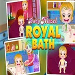 Dieťa v ružovom oblečení s korunkou, obklopené obrázkami z kúpania, s nápisom Baby Hazel Royal Bath
