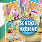 Dievčatko v fialovom oblečení stojí v školskej triede spolu s ďalšími obrázkami detí a hračiek v pozadí