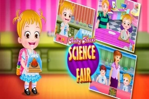 Dievčatko s blonďavými vlasmi v školskom oblečení drží projekt s nápisom Science Fair v pozadí