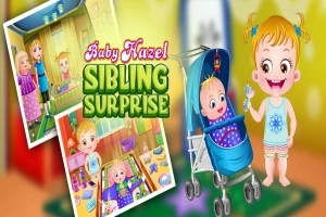 Malé dievčatko stojí vedľa kočíka s bábätkom na farebnom pozadí s textom Baby Hazel Sibling Surprise