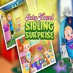 Malé dievčatko stojí vedľa kočíka s bábätkom na farebnom pozadí s textom Baby Hazel Sibling Surprise