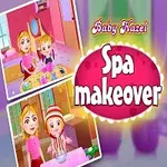 Bábätko v ružových šatách s úsmevom, vedľa nej sú dve malé obrázky dievčaťa v kúpeli a dekoratívny nápis Spa makeover