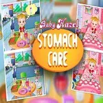 Dievčatko s blond vlasmi drží pohár, vedľa sú obrázky z kuchyne a spálne s podobným dievčatkom; text obsahuje názov Baby Hazel Stomach Care