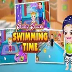 Postavy pri bazéne so značkou Baby Hazel Swimming Time a farebným interiérom na pozadí