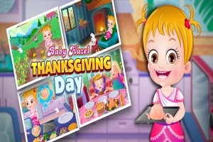 Dievčatko drží plech na pečenie, vedľa sú štyri obrázky so scénami z kuchyne a vidieka, nad ktorými je nápis Thanksgiving Day