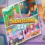 Dievčatko drží plech na pečenie, vedľa sú štyri obrázky so scénami z kuchyne a vidieka, nad ktorými je nápis Thanksgiving Day