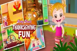 Usmievavé dievčatko v ružových šatách na dvore s obrázkami z interiéru a nápisom Baby Hazel Thanksgiving Fun