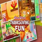 Usmievavé dievčatko v ružových šatách na dvore s obrázkami z interiéru a nápisom Baby Hazel Thanksgiving Fun