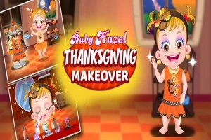 Dievčatko oblečené v oranžových šatách s retiazkou, obrázkami a nápisom Baby Hazel Thanksgiving Makeover