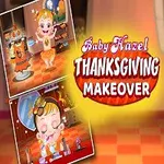 Dievčatko oblečené v oranžových šatách s retiazkou, obrázkami a nápisom Baby Hazel Thanksgiving Makeover