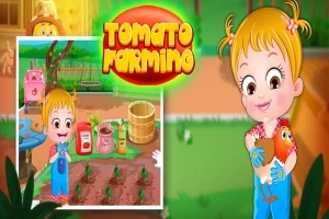 Dievčatko s blond vlasmi drží kuracie mláďa, vedľa je obrázok záhradnej oblasti s paradajkami a nápisom Tomato Farming