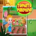 Dievčatko s blond vlasmi drží kuracie mláďa, vedľa je obrázok záhradnej oblasti s paradajkami a nápisom Tomato Farming