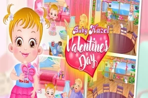 Dieťa s blond vlasmi drží ružové srdce na pozadí farebnej izby s valentínskou tematikou