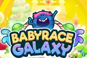 Farebný kreslený nápis BABYRACE GALAXY s modrou veselou postavičkou a dúhou v pozadí