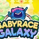 Farebný kreslený nápis BABYRACE GALAXY s modrou veselou postavičkou a dúhou v pozadí