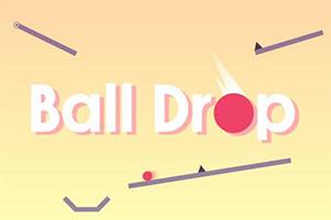 Minimalistický dizajn s veľkým nápisom Ball Drop a červenou loptičkou na svietivo žltom pozadí s fialovými čiarami