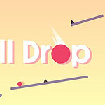 Minimalistický dizajn s veľkým nápisom Ball Drop a červenou loptičkou na svietivo žltom pozadí s fialovými čiarami