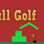 Text „Ball Golf“ v oranžovej farbe na červenom pozadí s grafickými prvkami ako zelené bloky a čierna golfová loptička na zelenej línii