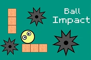 Žltá guľa s očami obklopená čiernymi ostnatými hviezdami a tehlovými blokmi na zelenej pozadí s textom Ball Impact