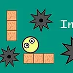 Žltá guľa s očami obklopená čiernymi ostnatými hviezdami a tehlovými blokmi na zelenej pozadí s textom Ball Impact