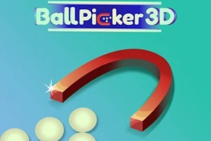 Červený magnet v tvare podkovy priťahujúci niekoľko bielych guličiek na modrozelenom pozadí s nadpisom Ball Picker 3D hore